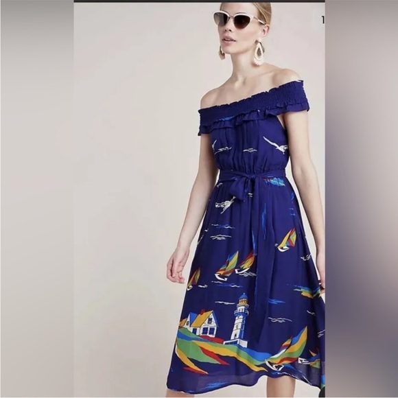 Anthropologie 48 Of 52 Conversations Colloquial Off Shoulder Nautical Midi Dress - Picture 3 of 14